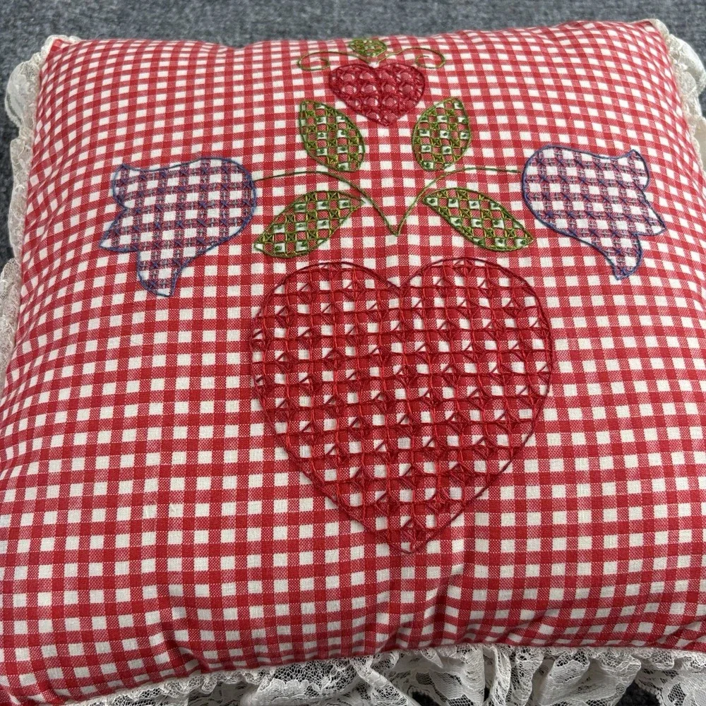 VTG 80s Handmade Pillow Red Gingham Heart Floral Embroidered‎ Lace Trim Folk Art